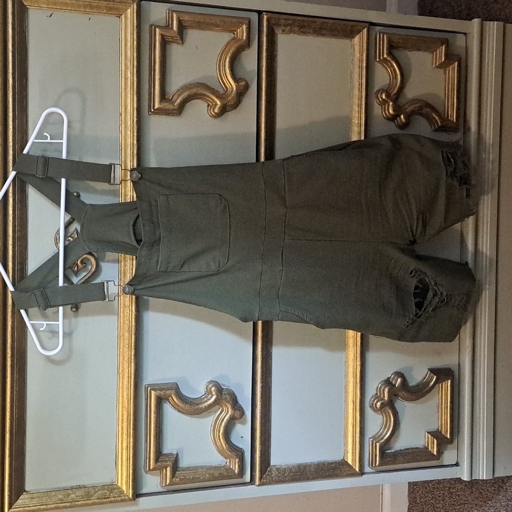 Holic Jean Olive Green Distressed Overalls
